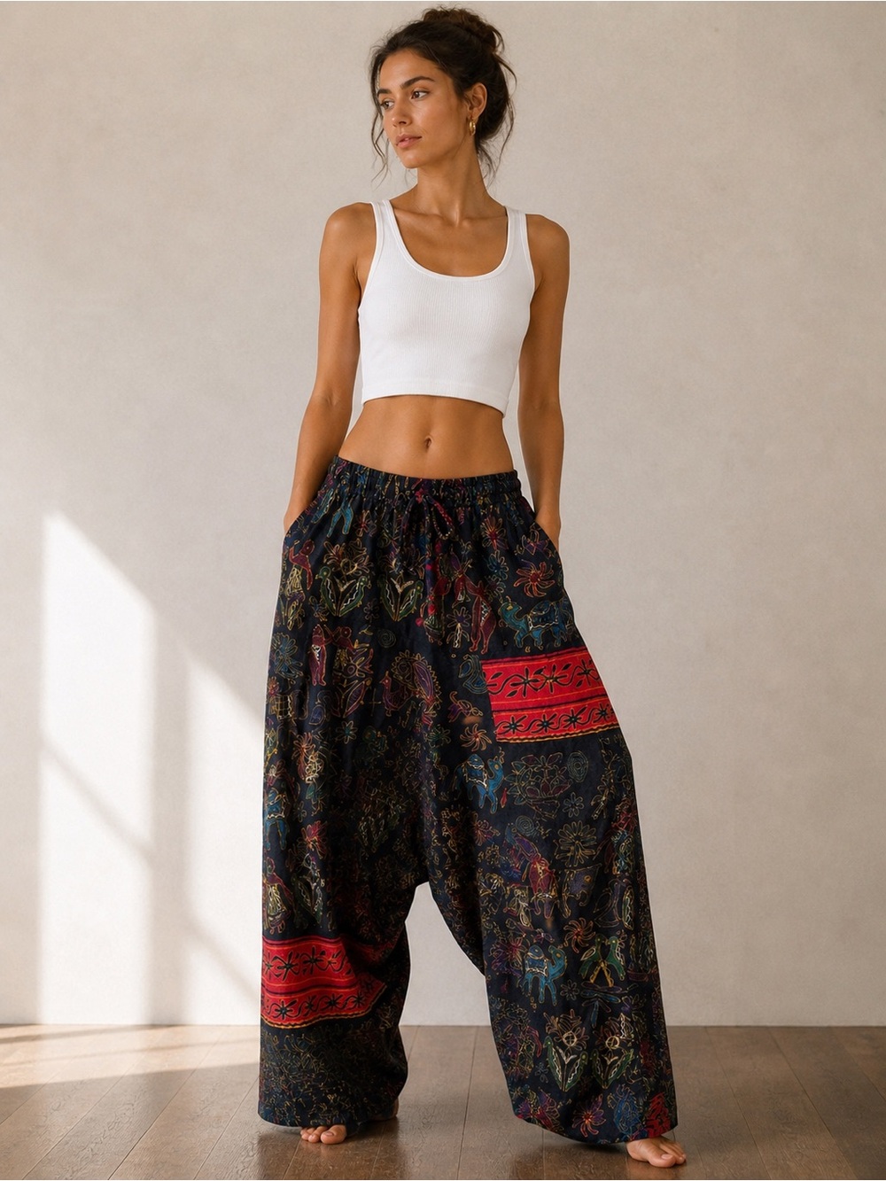 Vintage Boho 100% Linen Harem Pants Wide Leg Drop Crotch Tribal Print Size 2X